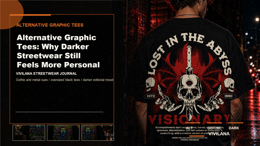 Alternative graphic tees poster cover with dark oversized streetwear photography, cream type, and orange Vivilana editorial accents