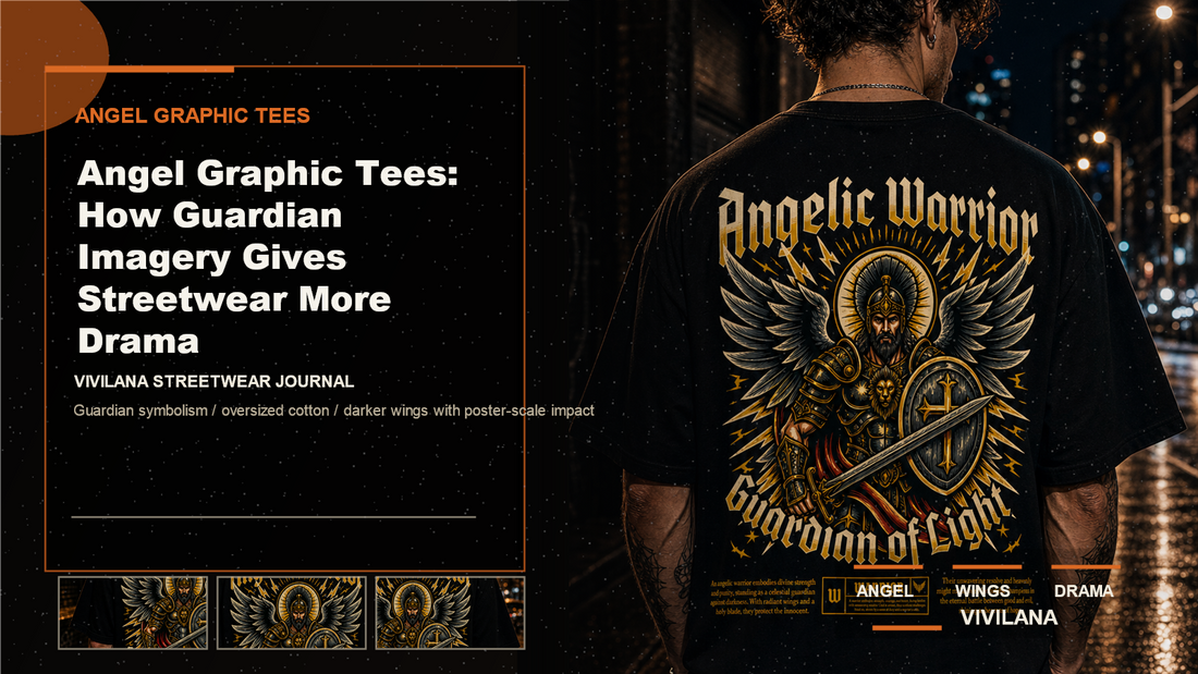Angel graphic tees poster cover with dark oversized streetwear photography and Vivilana editorial typography