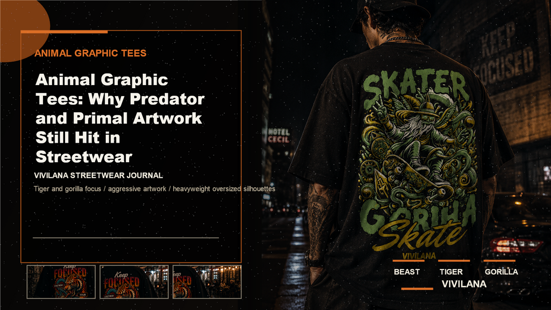 Animal graphic tees poster cover with dark oversized streetwear photography, cream type, and orange Vivilana editorial accents