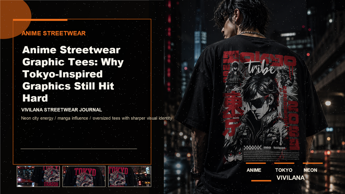 Anime streetwear graphic tees poster cover with neon urban tee photography and Vivilana editorial typography