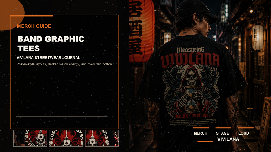 Band graphic tees poster cover with realistic oversized streetwear photography, cream typography, and orange editorial accents