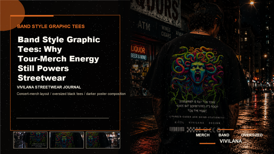 Band style graphic tees poster cover with dark oversized streetwear photography, cream type, and orange Vivilana poster accents