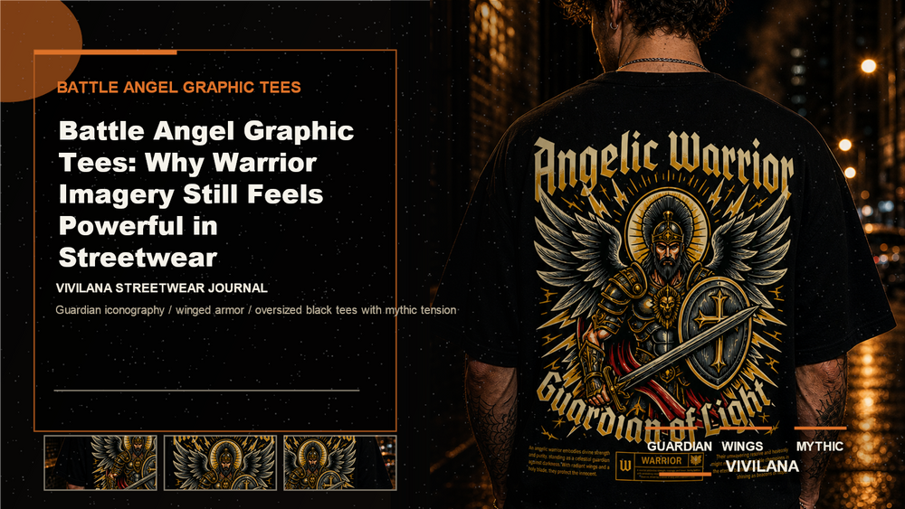 Battle angel graphic tees poster cover with dark oversized streetwear photography, cream type, and orange Vivilana editorial accents