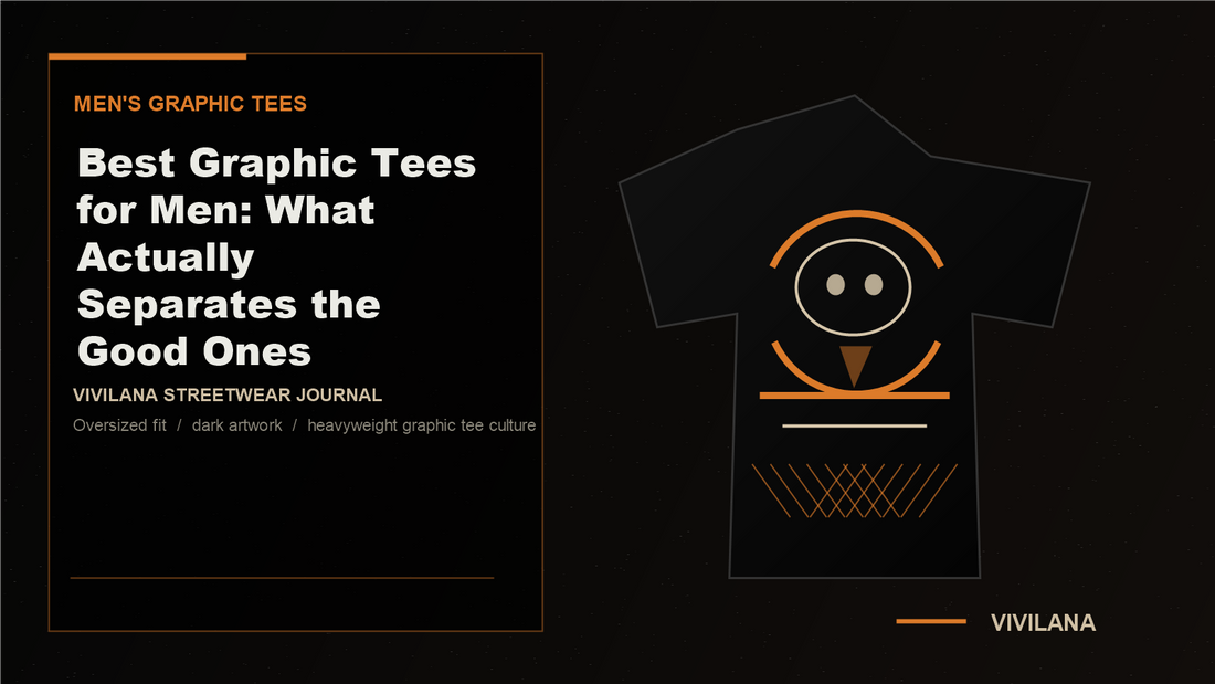 Premium dark graphic tee cover with mens streetwear editorial styling and orange highlights