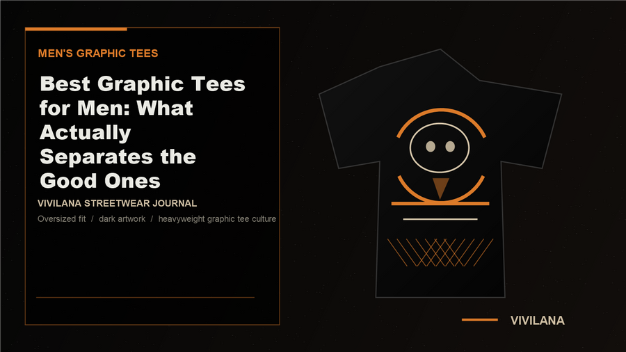 Premium dark graphic tee cover with mens streetwear editorial styling and orange highlights
