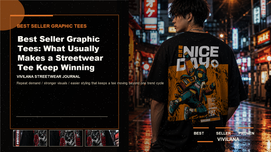Best seller graphic tees poster cover with dark oversized streetwear photography, cream typography, and orange editorial accents