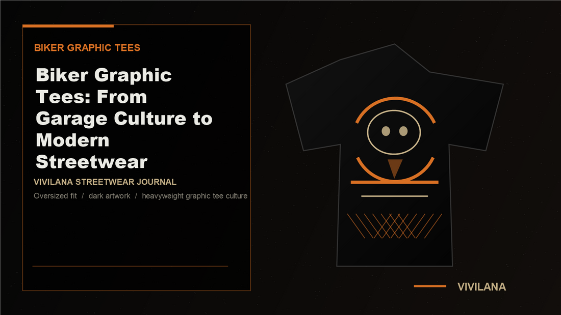 Oversized black biker graphic tee in a dark garage with motorcycle styling