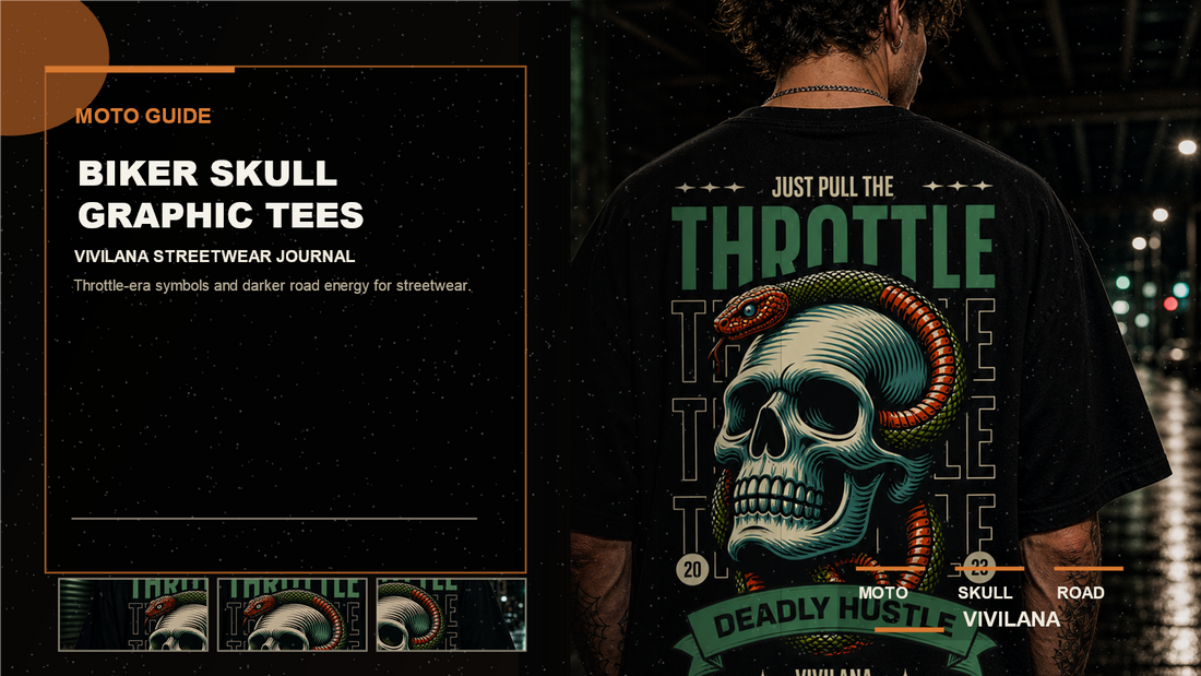 Biker skull graphic tees poster cover with dark oversized streetwear photography, cream typography, and orange editorial accents