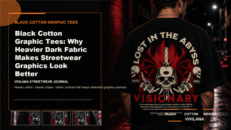 Black cotton graphic tees poster cover with dark oversized streetwear photography, cream typography, and orange editorial accents