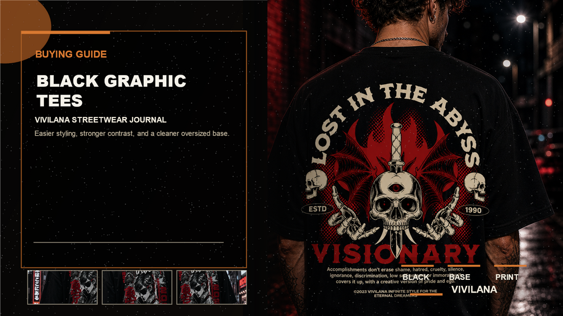 Black graphic tees poster cover with realistic oversized streetwear photography, cream typography, and orange editorial accents