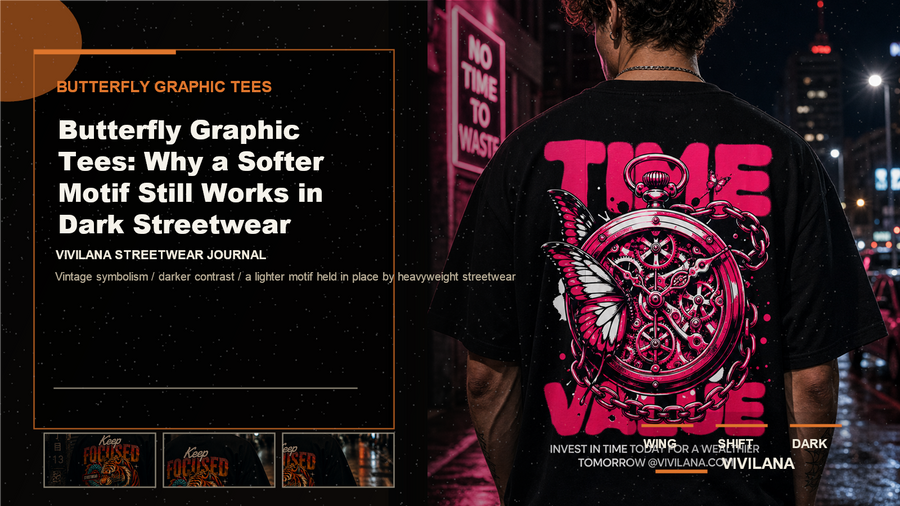 Butterfly graphic tees poster cover with dark oversized streetwear photography, cream typography, and orange editorial accents