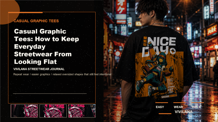 Casual graphic tees poster cover with dark oversized streetwear photography, cream typography, and orange editorial accents