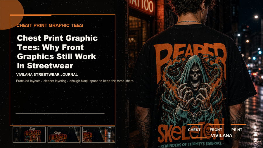 Chest print graphic tees poster cover with dark streetwear photography, cream typography, and orange editorial accents