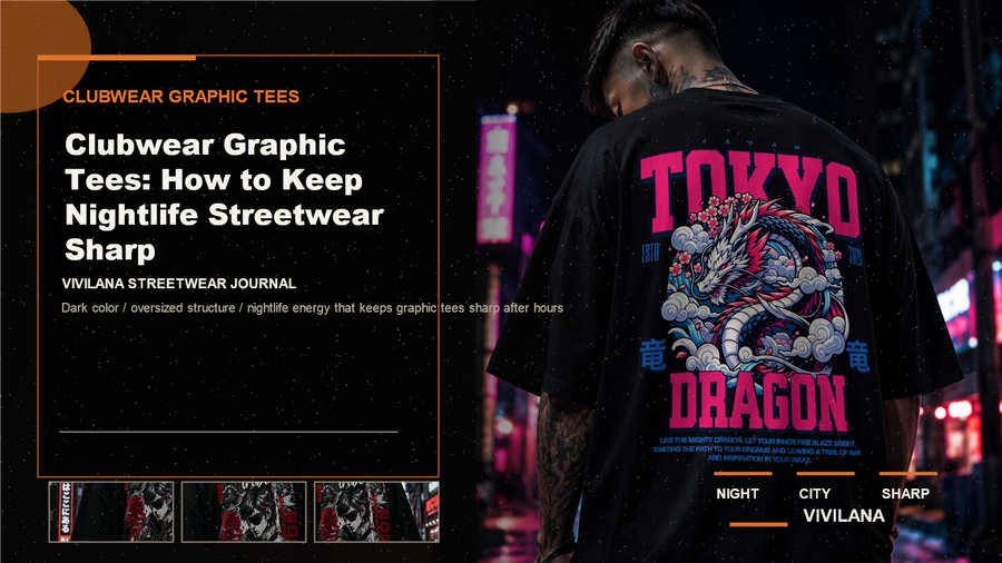 Clubwear graphic tees poster cover with dark oversized streetwear photography, cream typography, and orange editorial accents