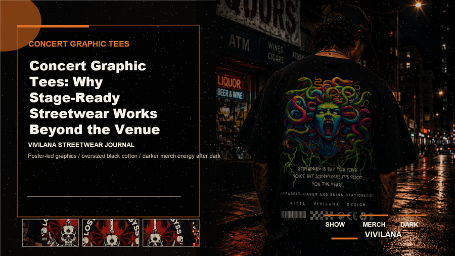 Concert graphic tees poster cover with dark oversized streetwear photography, cream type, and orange Vivilana editorial accents