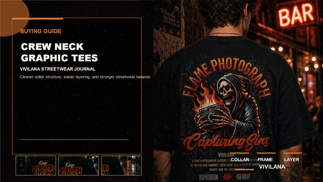 Crew neck graphic tees poster cover with dark streetwear photography, cream typography, and orange editorial accents