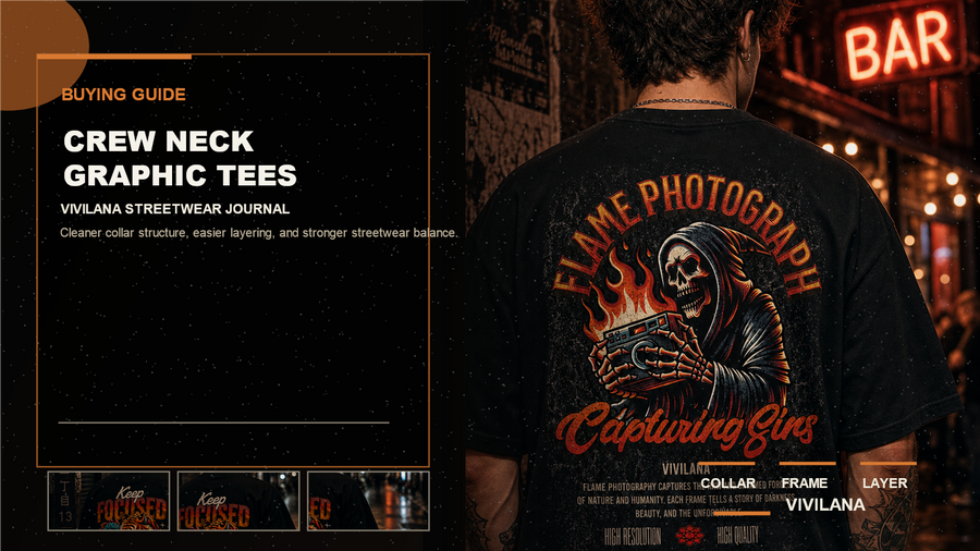Crew neck graphic tees poster cover with dark streetwear photography, cream typography, and orange editorial accents
