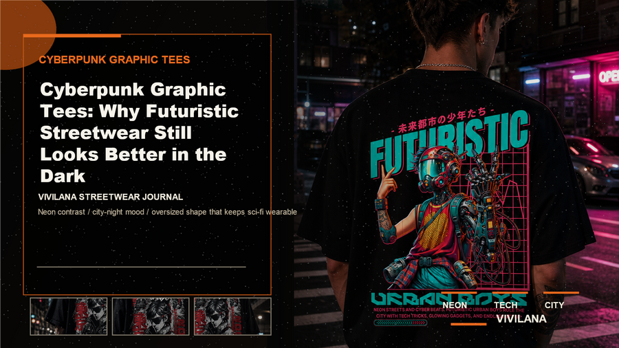 Cyberpunk graphic tees poster cover with neon urban streetwear photography and Vivilana editorial typography