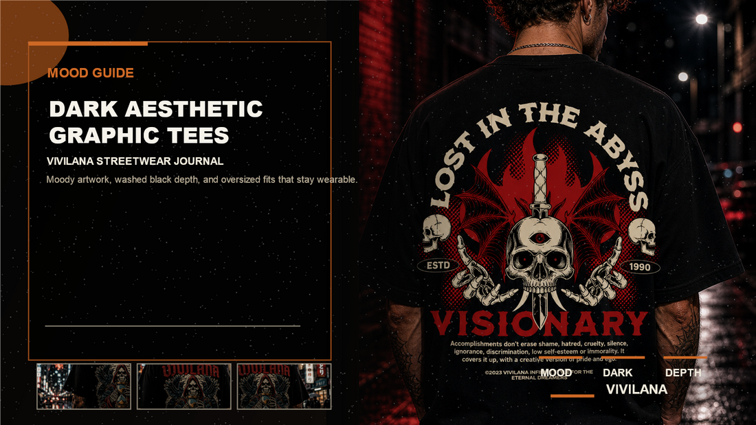 Dark aesthetic graphic tees poster cover with moody oversized streetwear photography, cream type, and orange editorial accents