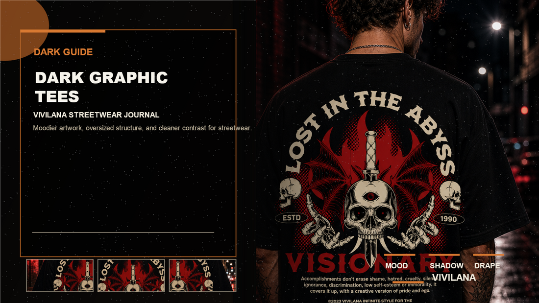 Dark graphic tees poster cover with realistic oversized streetwear photography, cream typography, and orange editorial accents