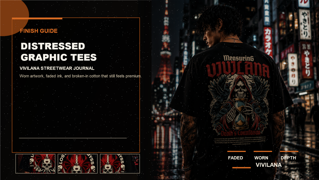 Distressed graphic tees poster cover with oversized streetwear photography, cream typography, and orange editorial accents