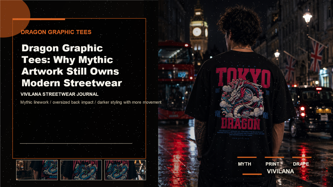 Dragon graphic tees poster cover with dark streetwear photography and Vivilana editorial typography