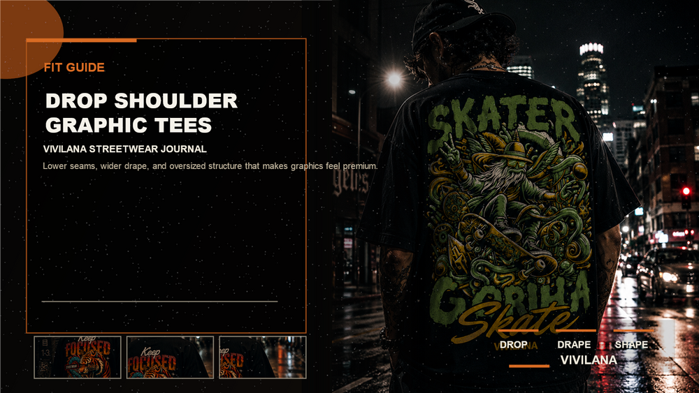 Drop shoulder graphic tees poster cover with dark oversized streetwear photography, cream typography, and orange editorial accents