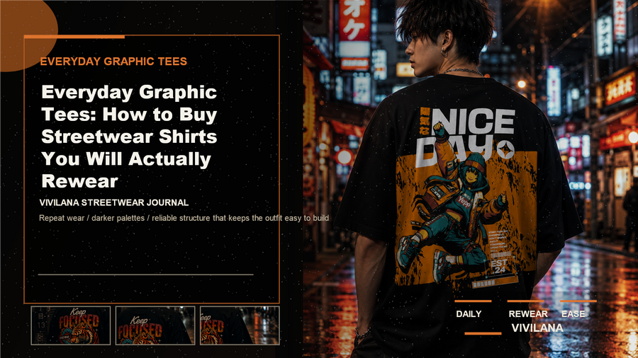 Everyday graphic tees poster cover with dark streetwear photography, cream type, and orange Vivilana editorial accents