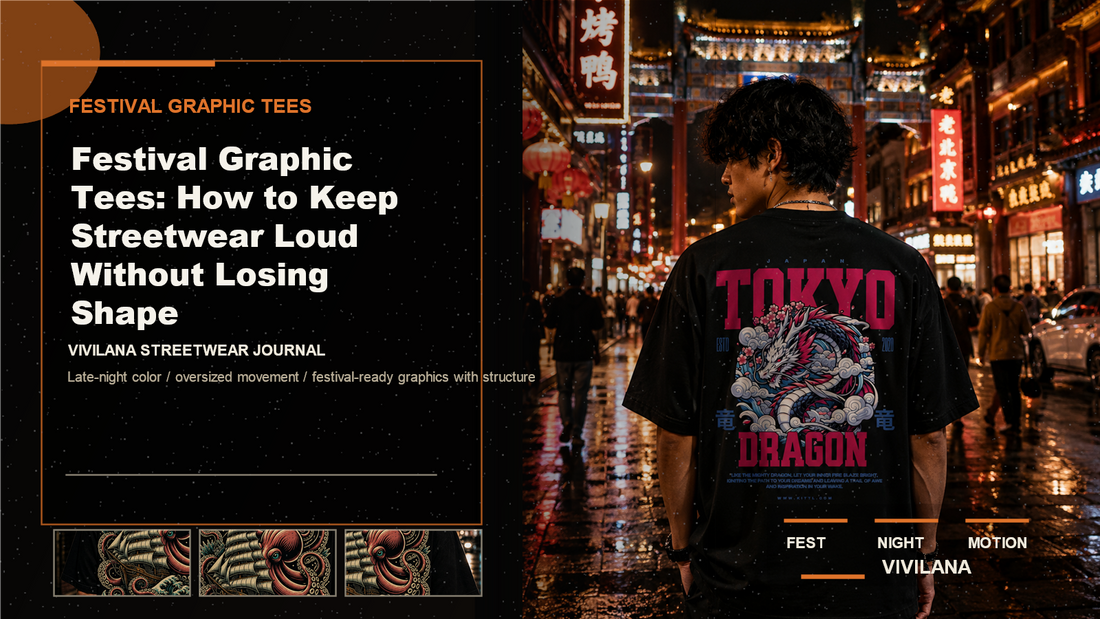 Festival graphic tees poster cover with dark oversized streetwear photography, cream type, and orange Vivilana editorial accents