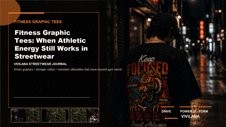 Fitness graphic tees poster cover with dark oversized streetwear photography, cream typography, and orange editorial accents