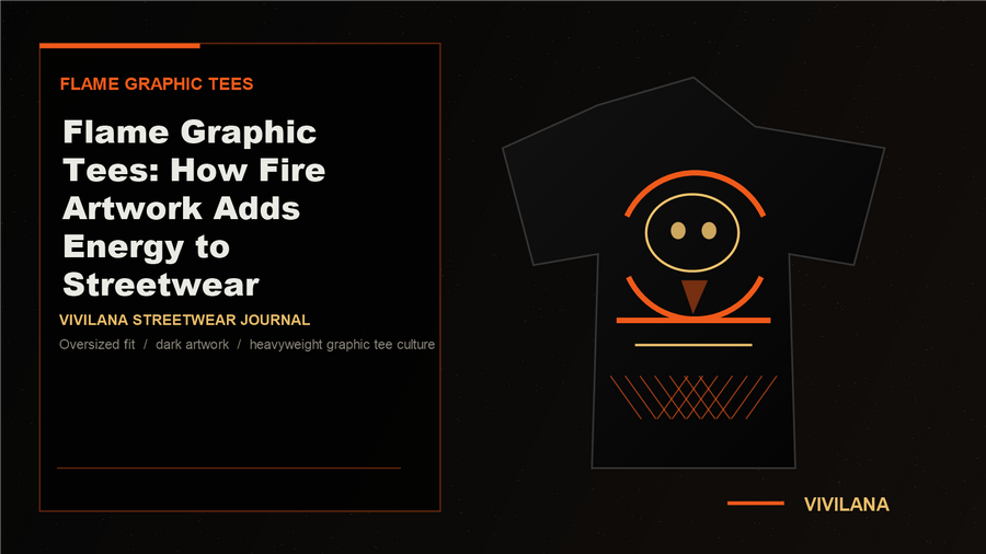 Oversized black flame graphic tee with orange streetwear artwork