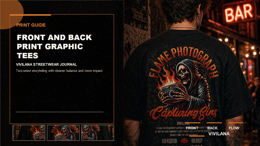 Front and back print graphic tees poster cover with dark streetwear photography, cream typography, and orange editorial accents