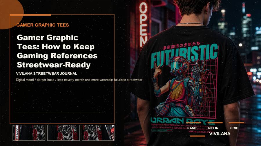 Gamer graphic tees poster cover with dark oversized streetwear photography, cream typography, and orange editorial accents