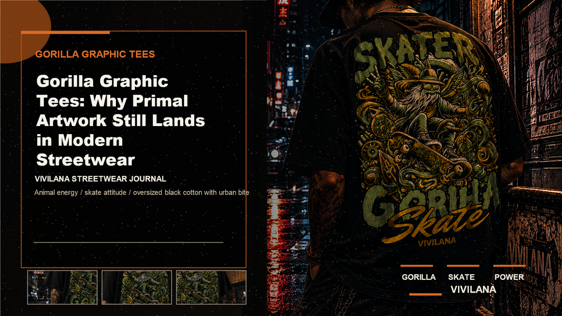 Gorilla graphic tees poster cover with dark oversized streetwear photography, cream editorial type, and orange Vivilana accents