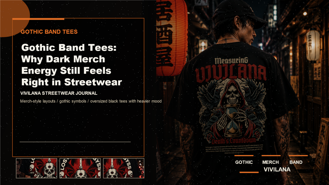 Gothic band tees poster cover with dark oversized streetwear photography, cream type, and orange Vivilana editorial accents
