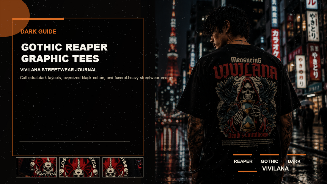 Gothic reaper graphic tees poster cover with oversized back-print streetwear photography, cream typography, and orange editorial accents