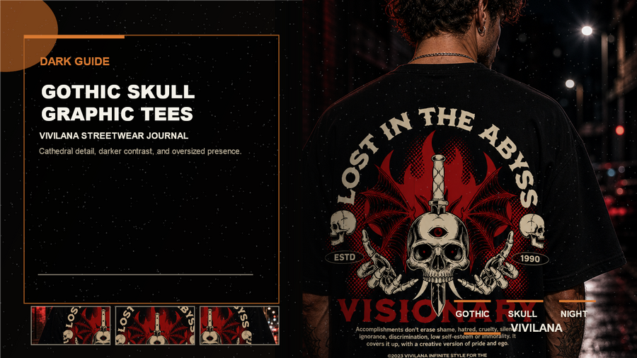 Gothic skull graphic tees poster cover with dark streetwear photography, cream editorial typography, and orange accent lines