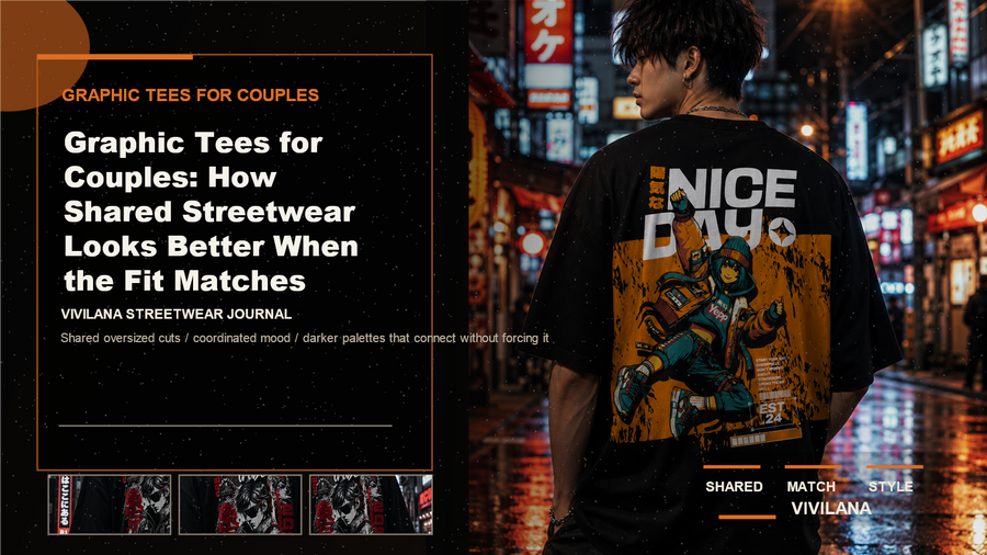 Graphic tees for couples poster cover with dark streetwear photography, cream typography, and orange editorial poster accents