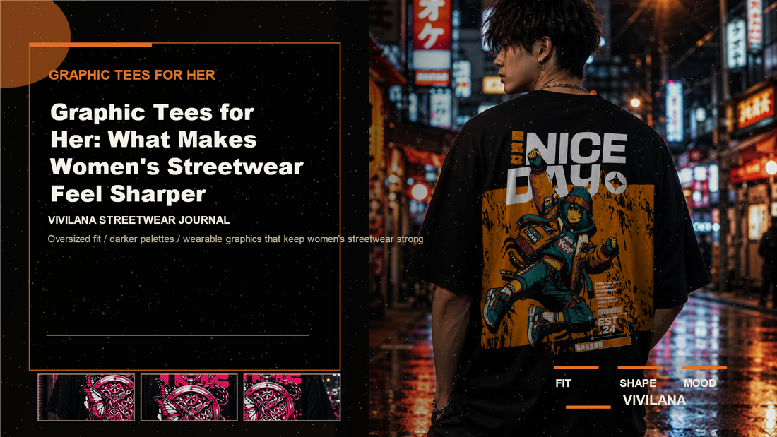 Graphic tees for her poster cover with dark oversized streetwear photography, cream typography, and orange editorial accents
