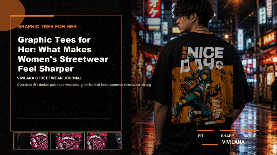 Graphic tees for her poster cover with dark oversized streetwear photography, cream typography, and orange editorial accents