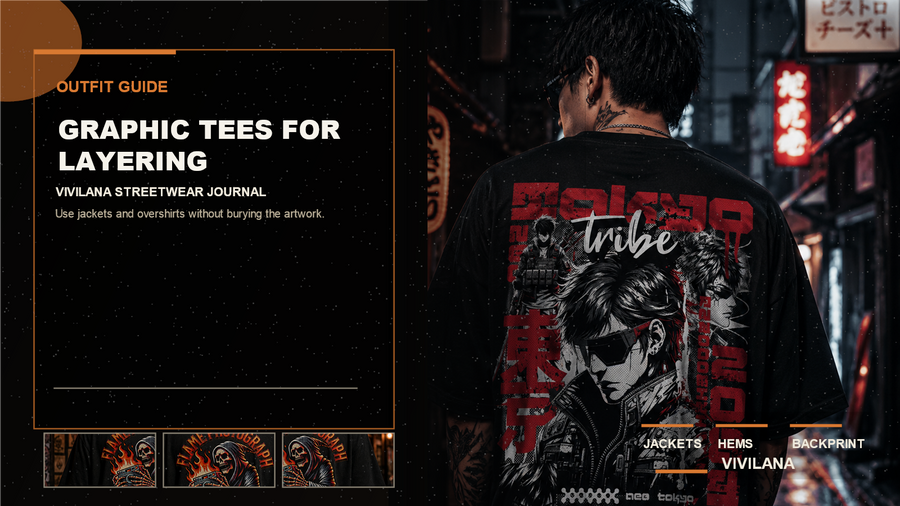 Graphic tees for layering poster cover with dark oversized streetwear photography, cream typography, and orange editorial accents