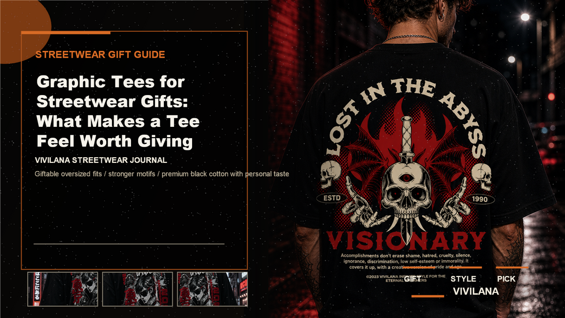 Graphic tees for streetwear gifts poster cover with dark oversized streetwear photography, cream type, and orange Vivilana editorial accents