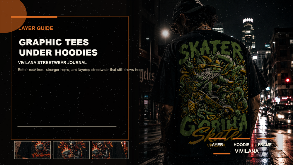 Graphic tees under hoodies poster cover with dark layered streetwear photography, cream typography, and orange editorial accents