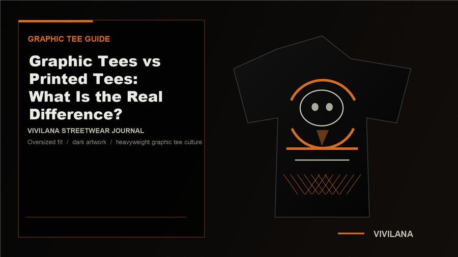 Graphic tee comparison cover with dark product styling and orange editorial poster layout