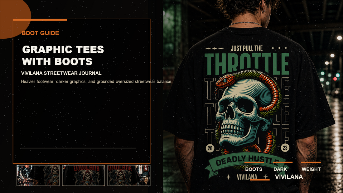Graphic tees with boots poster cover with oversized streetwear photography, cream typography, and orange editorial accents