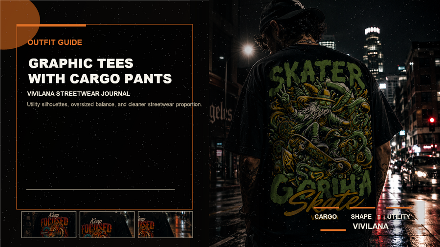 Graphic tees with cargo pants poster cover with oversized streetwear tee photography, cream typography, and orange editorial accents