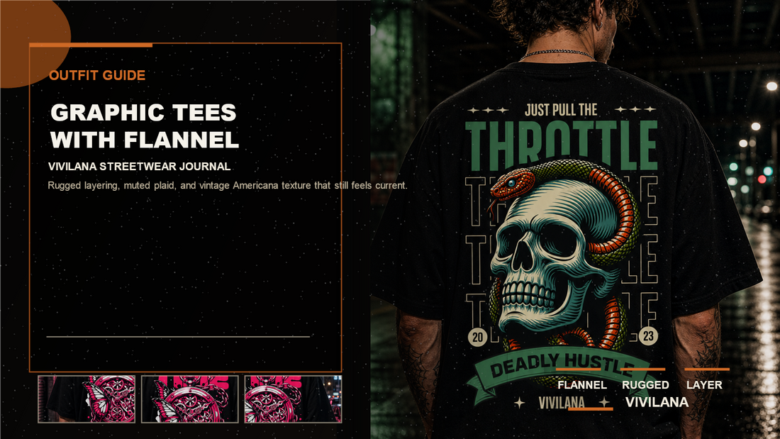 Graphic tees with flannel poster cover with rugged dark streetwear photography, cream typography, and orange editorial accents
