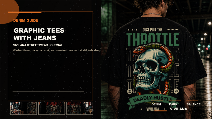 Graphic tees with jeans poster cover with oversized streetwear photography, cream typography, and orange editorial accents