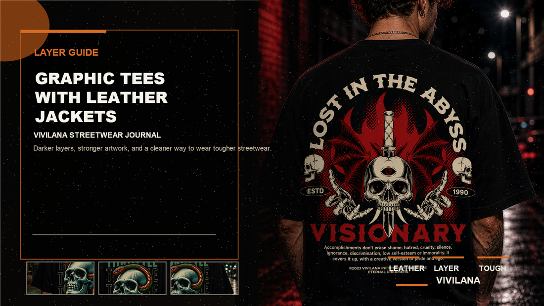 Graphic tees with leather jackets poster cover with oversized streetwear photography, cream typography, and orange editorial accents