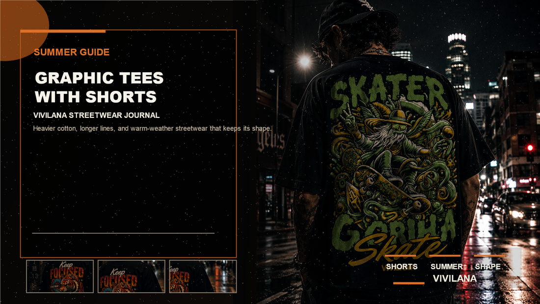Graphic tees with shorts poster cover with oversized streetwear photography, cream typography, and orange editorial accents